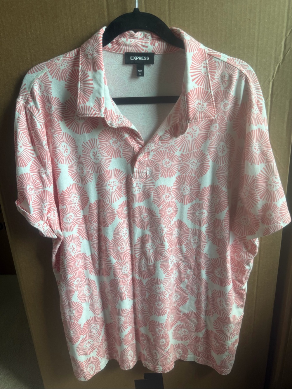 Express Men’s Coral Pink and White Floral Polo
